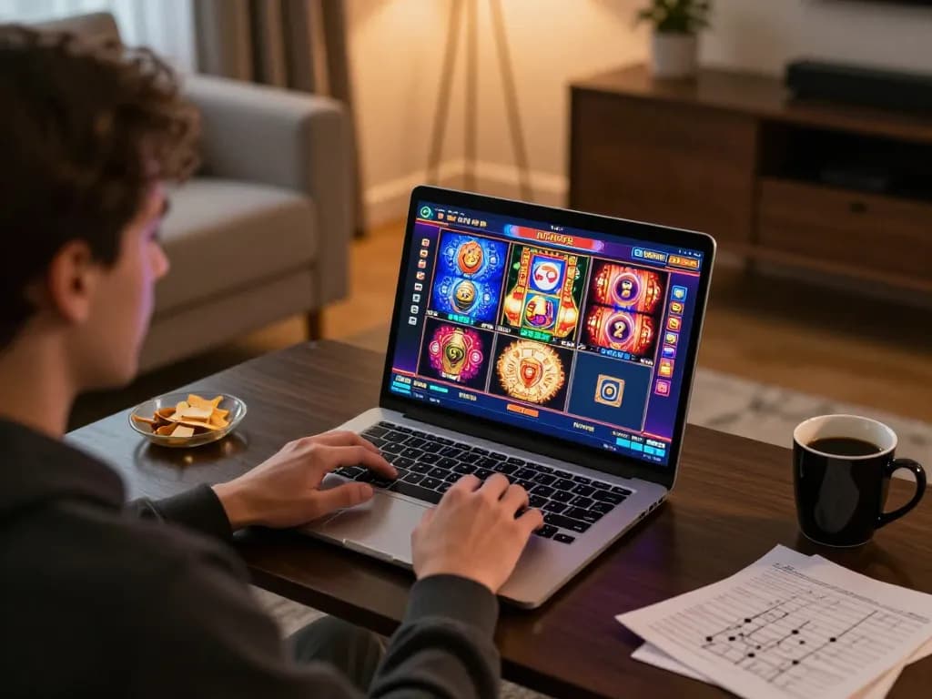 Player engaging with situs slot in a cozy home environment, laptop displaying colorful online slots.
