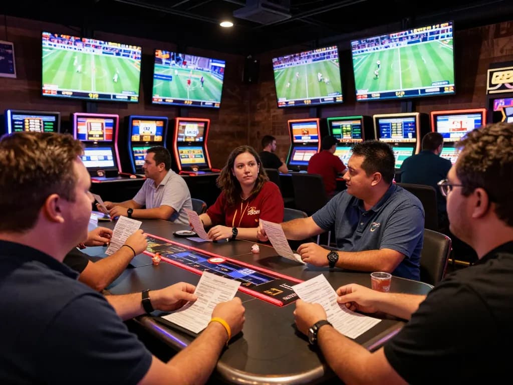 uu88 patrons engaging in live sports betting at a vibrant casino environment