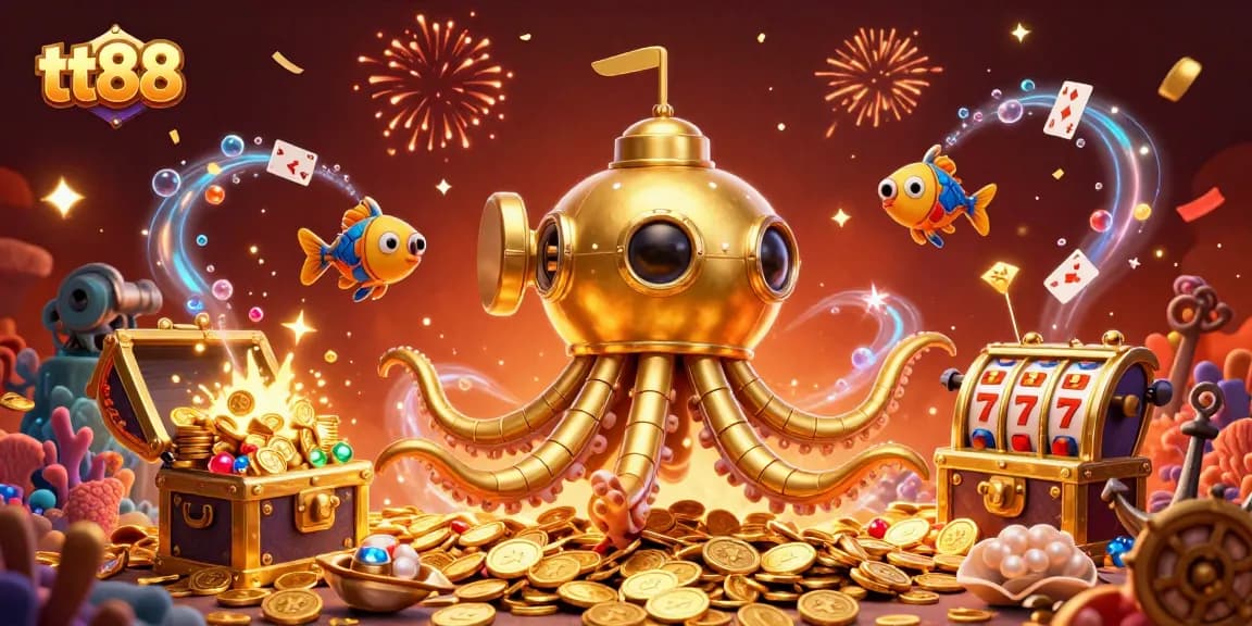 Engaging scene with tt88's kraken submarine and slot reels amidst gold coins and vibrant casino elements