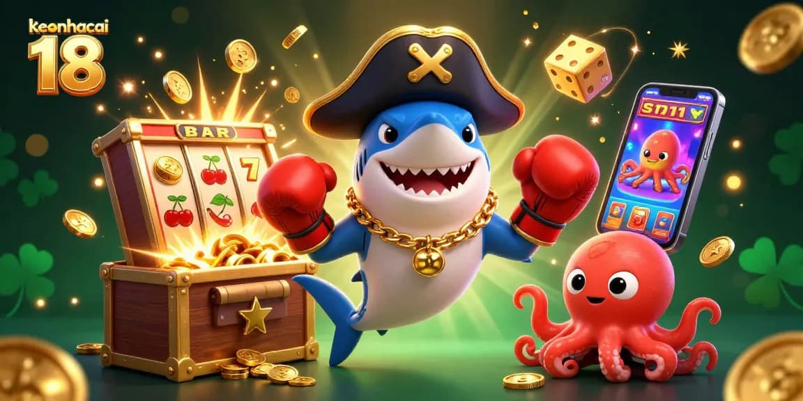 Spin to win with keonhacai 18's dynamic casino illustration featuring animated characters, coins, and excitement.