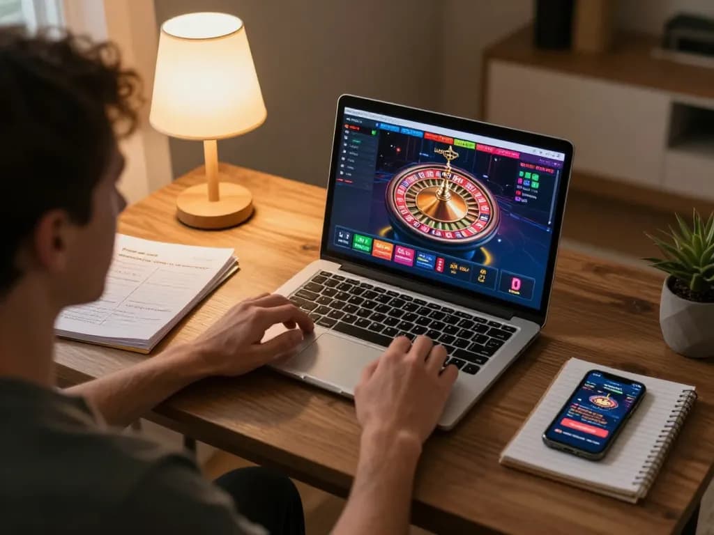 Player engaging with online casino game on laptop, showcasing casinosscope gameplay interface and responsible gaming elements.