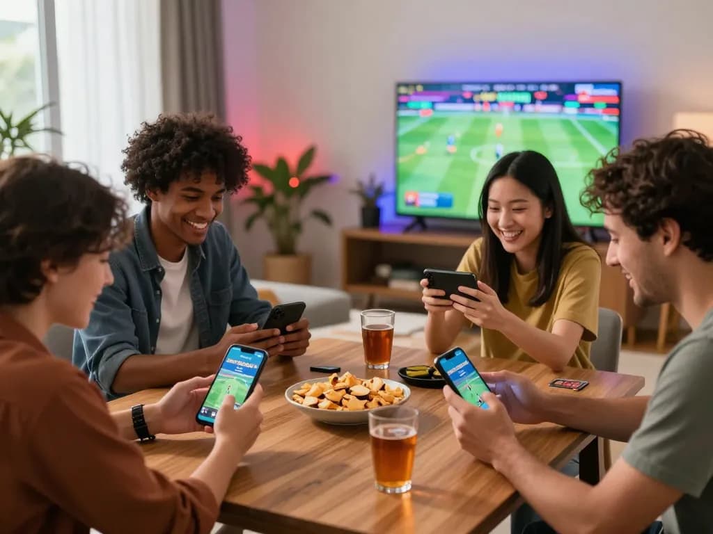 Friends enjoying the JeetBangla app while playing casino games together in a colorful living room.