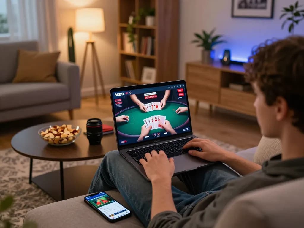 Engaging online poker game with 388bet interface, showcasing player's strategy and comfort at home