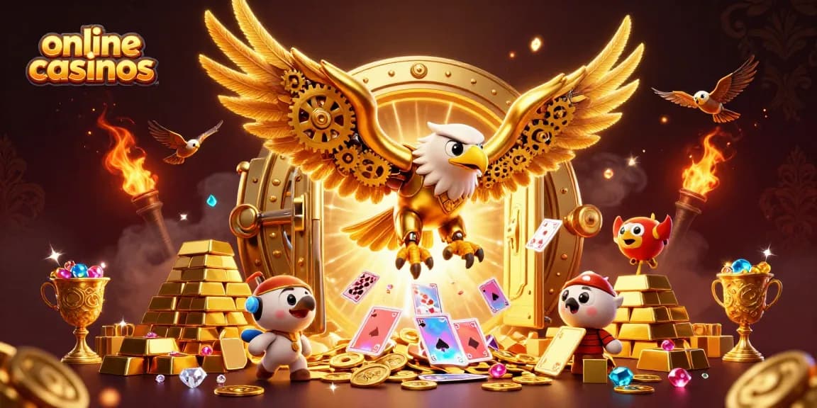Experience thrilling online casinos with a cybernetic eagle diving through holographic cards.