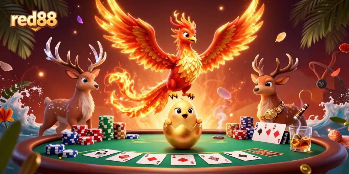 Bet on red88 with a vibrant 3D illustration showcasing a rich casino scene with a phoenix and poker elements.