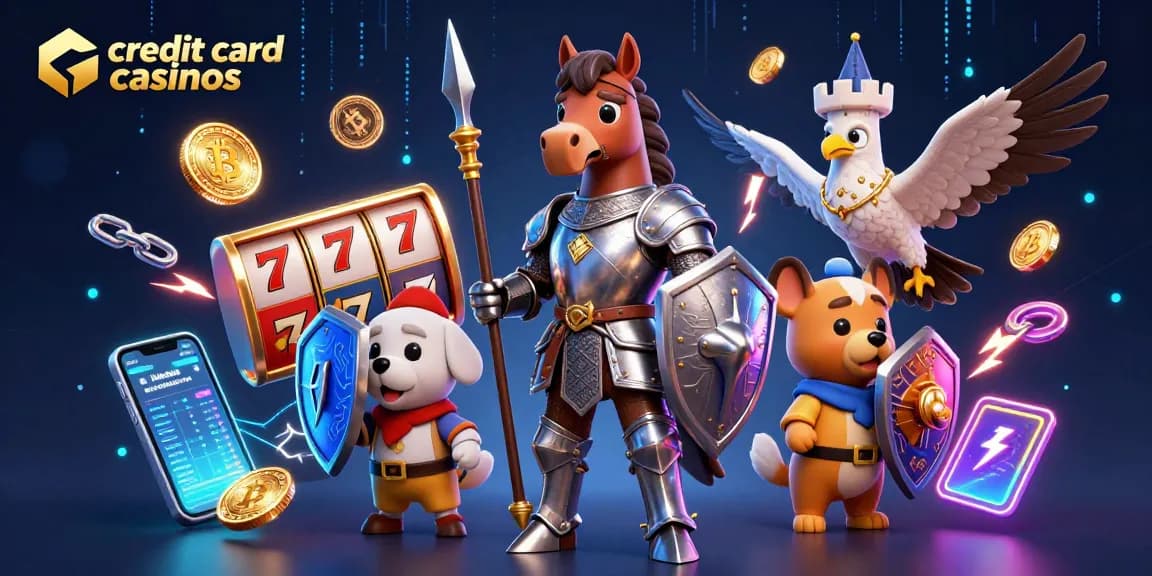 Experience exhilarating gameplay at credit card casinos with animated characters, slot reels, and vibrant crypto elements!