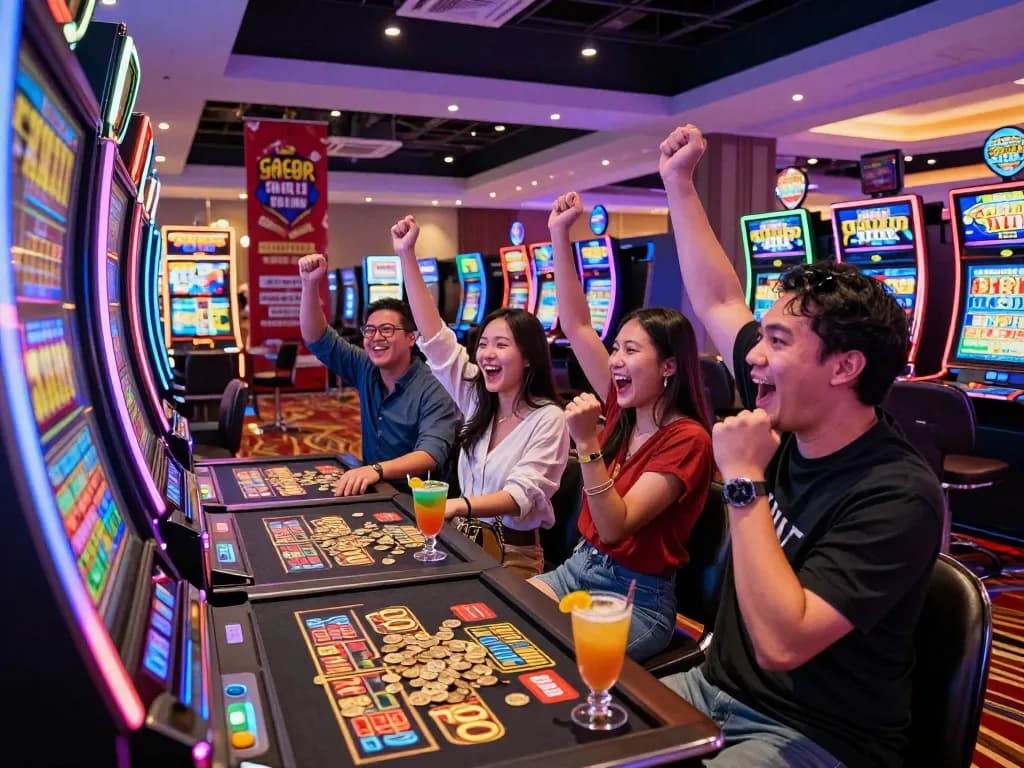 Cheering friends enjoying slot gacor hari ini on a vibrant casino floor.