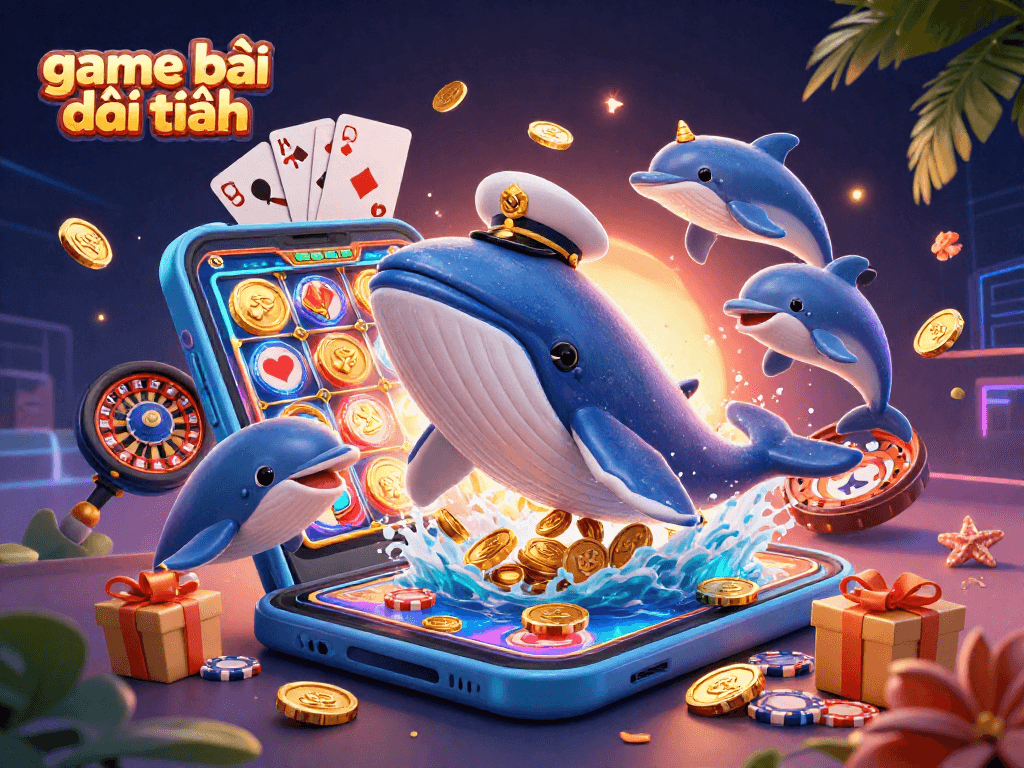 Engage in game bài đổi thưởng with whimsical whales, vibrant slots, and playful poker chips in a dazzling 3D scene.