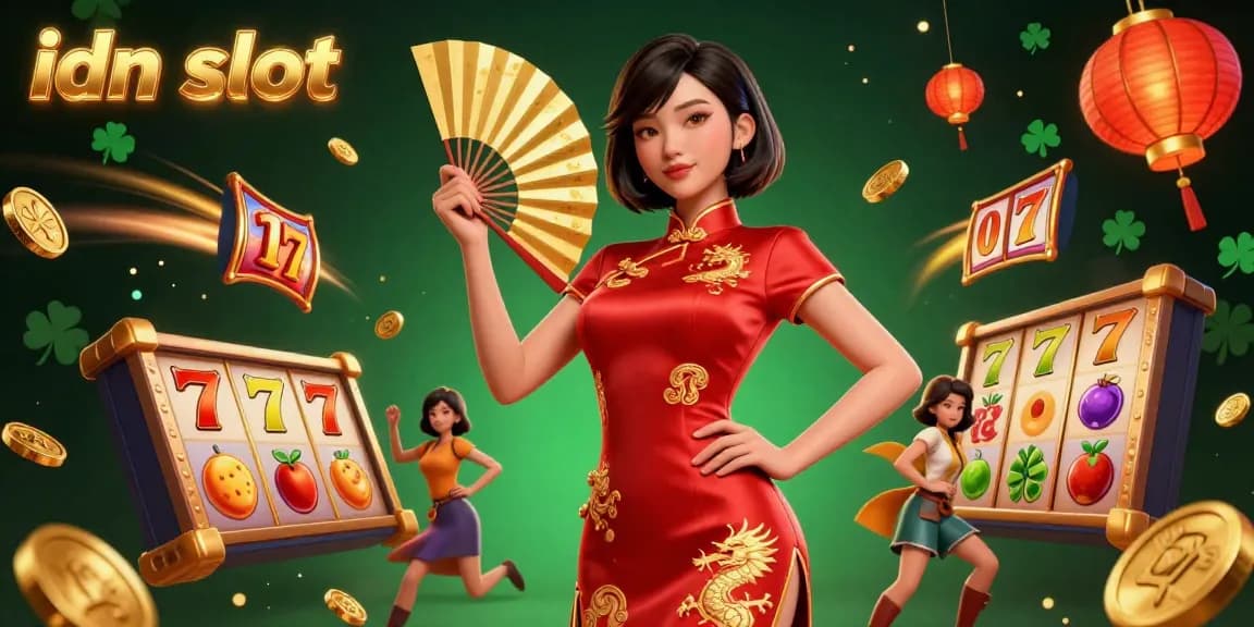 Spin the reels in the vibrant idn slot world with a stunning Asian woman amidst cascading gold coins.