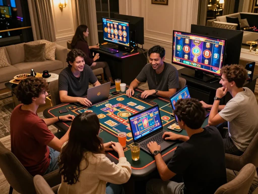 Engaging gameplay on Mahjong Ways 2 slot, friends enjoying online casino night.