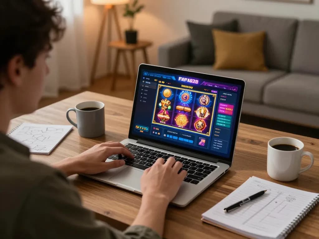 Engaging with FAFA828 slot games on a laptop, showcasing a cozy online gaming experience.