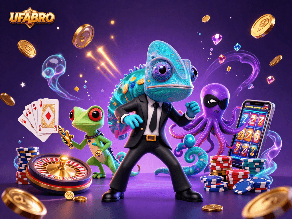 Experience exciting wins at UFABRO with a vibrant gambling illustration featuring characters and games.