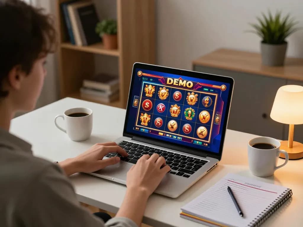 Pemain yang terlibat menikmati permainan Demo Slot di laptop dalam suasana rumah yang nyaman.