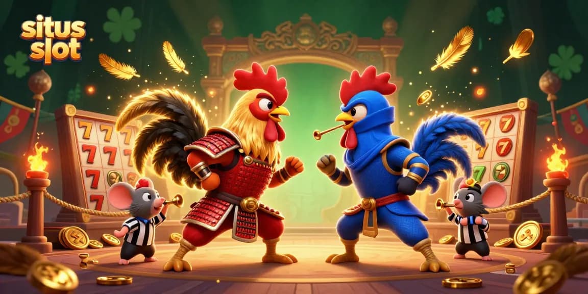 Sparkling situs slot showdown with cartoon roosters and dynamic gaming elements.
