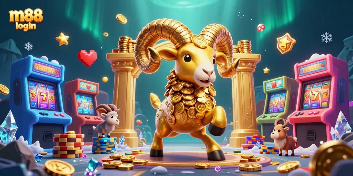 Experience the excitement of m88 login with golden ram amidst arcade adventures and vibrant slot reels.
