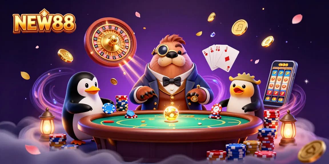Experience thrilling gambling action in NEW88's underwater casino with vivid characters and dynamic elements.