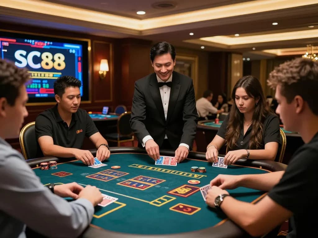 Players strategizing in SC88 online casino, engaging with live dealer game, capturing intense gameplay.