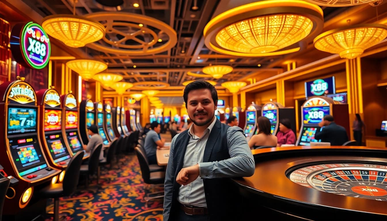 Exciting gambling scene with nhà cái X88 logo prominently displayed at a professional casino.