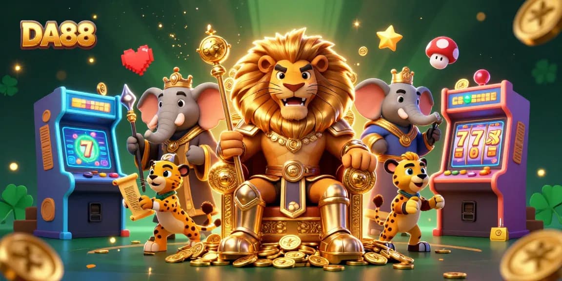 Experience thrilling DA88 casino gameplay with a lion king, elephant, and cheetah amidst vibrant slots.