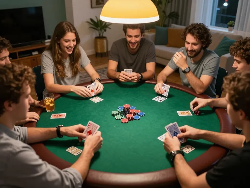 Social gathering with friends playing poker at home, showcasing a vibrant atmosphere with sc88e experience.