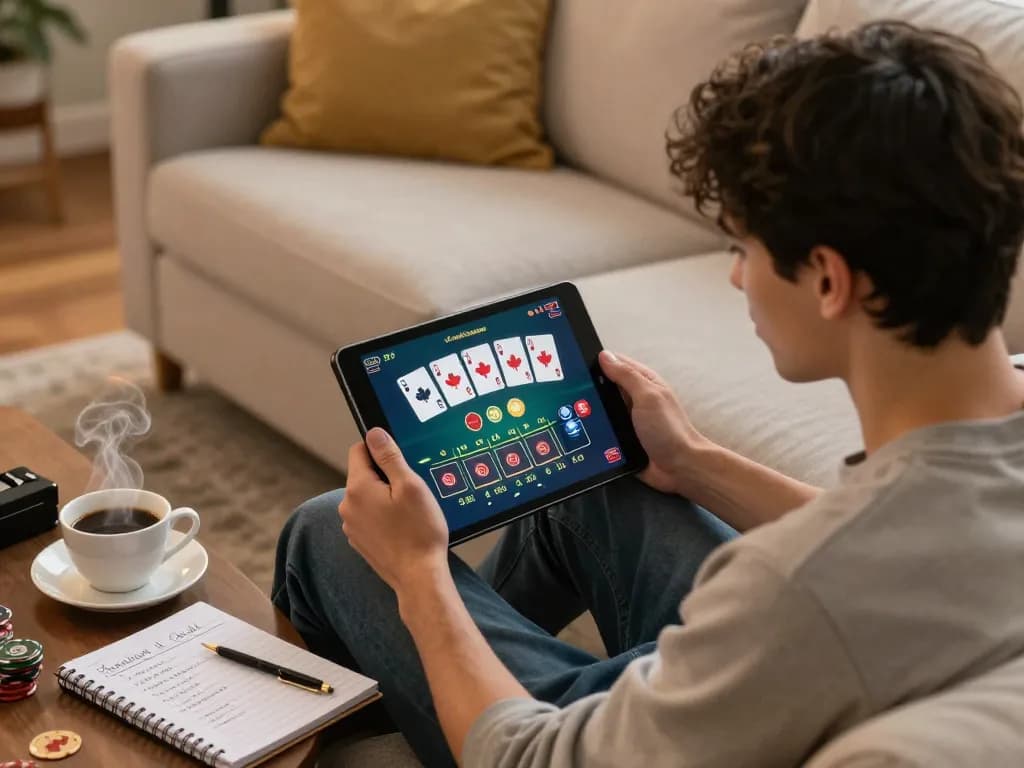 Engaging in online casinos in Canada from a cozy home setup with a tablet showing blackjack gameplay.