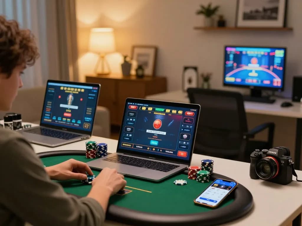 HM88 online poker player engaged in strategic gameplay at home gaming setup.