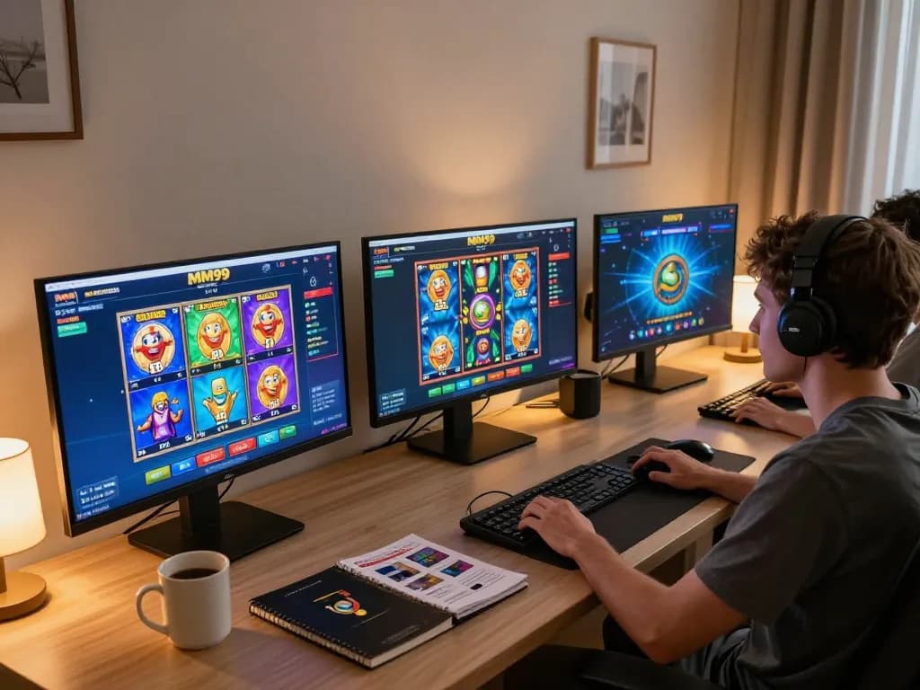 Player enjoying MM99 Slot games on multiple screens in a cozy gaming setup