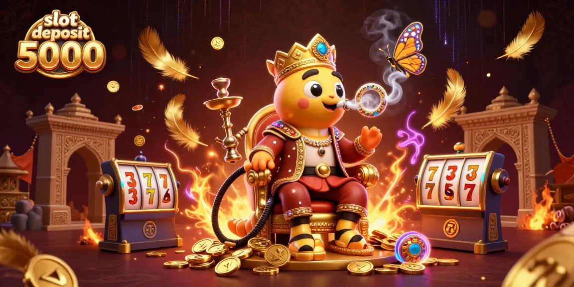 Gambarkan pengalaman permainan slot deposit 5000 dengan simbol slot dan elemen warna emas.