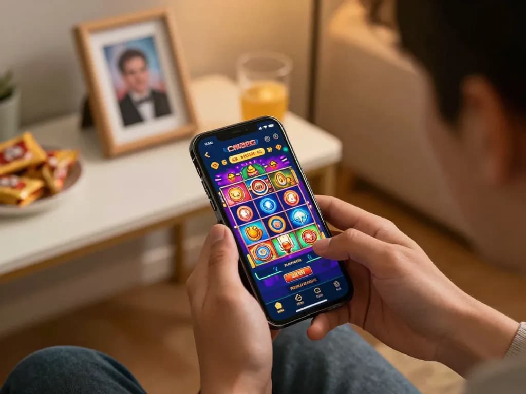 Player immersing in online slot game on mobile device with cm88 app, sparkling game visuals engaging user