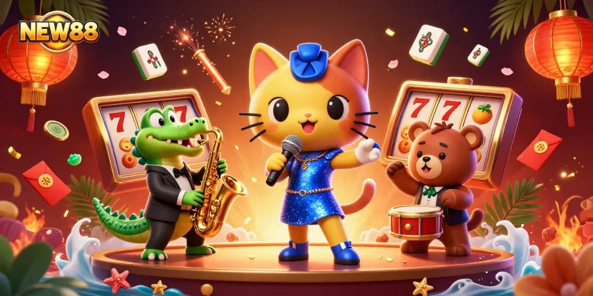 Experience the vibrant world of NEW88 with a lively jazz ensemble performing on a casino stage.
