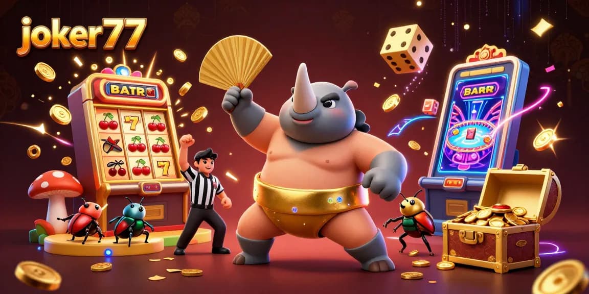 Engage with joker77's thrilling casino ambience amidst a vibrant jackpot scene featuring animated characters.