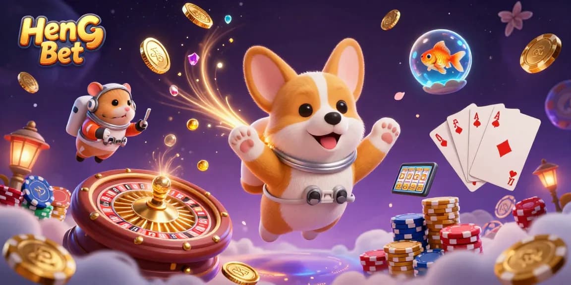 Watch the dynamic 3D scene of Heng Ong Bet featuring an astronaut corgi in a casino filled with floating poker chips and golden coins.