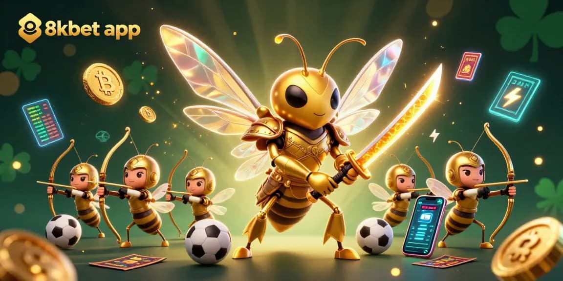 Engage in sports betting with the vibrant 8xbet app illustration featuring dynamic characters and glowing coins.