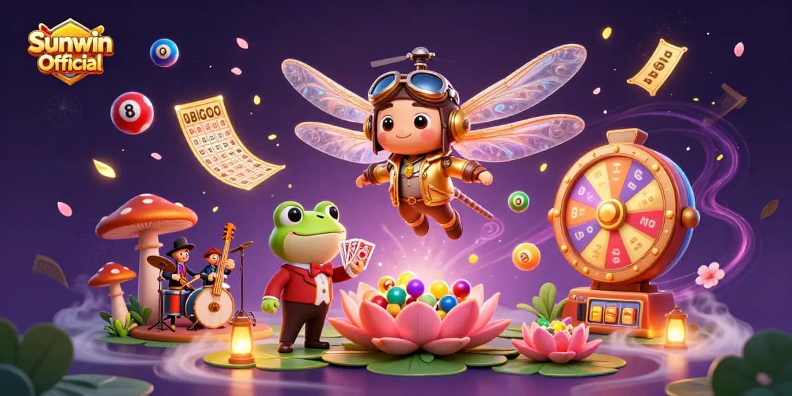 Play and win with Sunwin Official at a vibrant lily pad casino in a colorful fantasy setting.