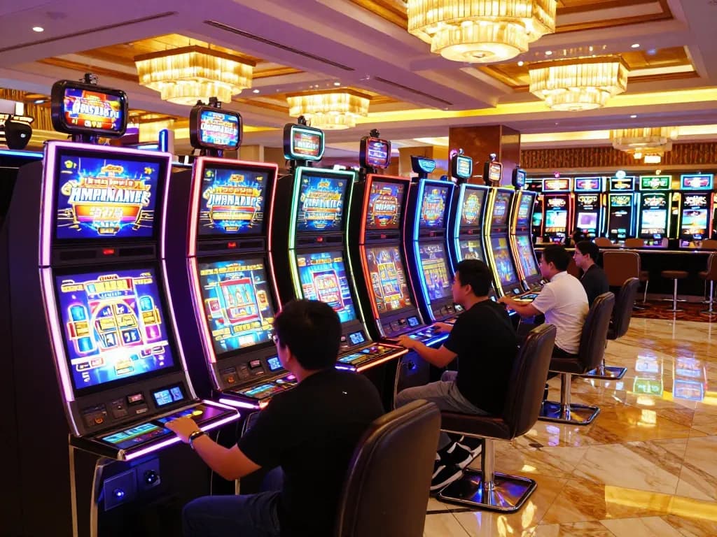 Experience the thrill of the vibrant situs slot scene with colorful machines and engaged players.