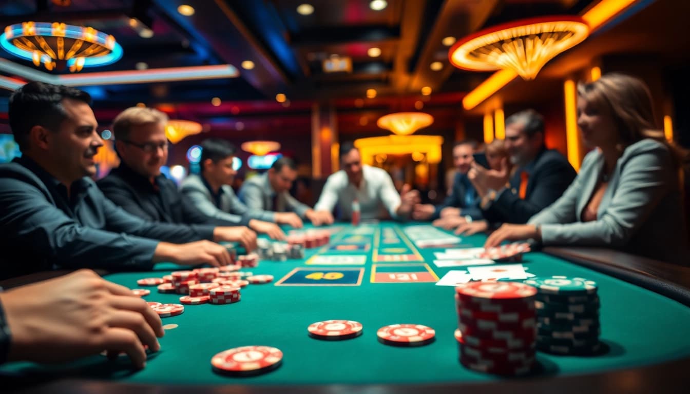 Main table the bbni4d casino game with vibrant chips and players engaged.