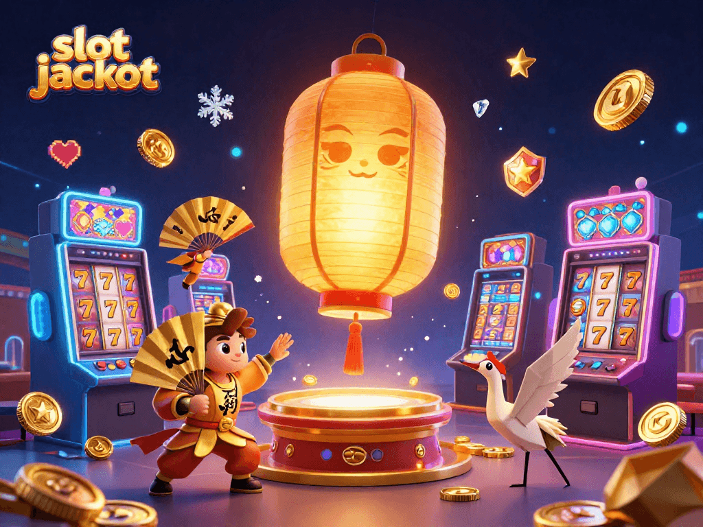 Spin the slot jackpot with a giant lantern spirit and vibrant casino elements in a festive scene.