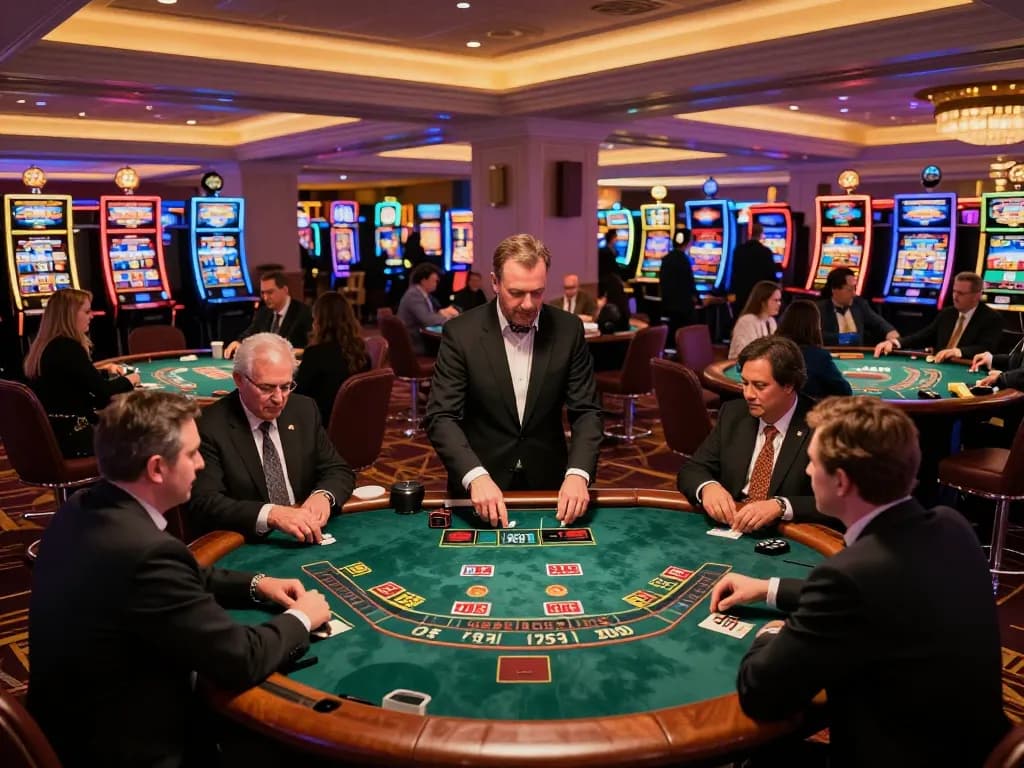 TT88 players strategizing at a lively Las Vegas blackjack table surrounded by flashing slot machines