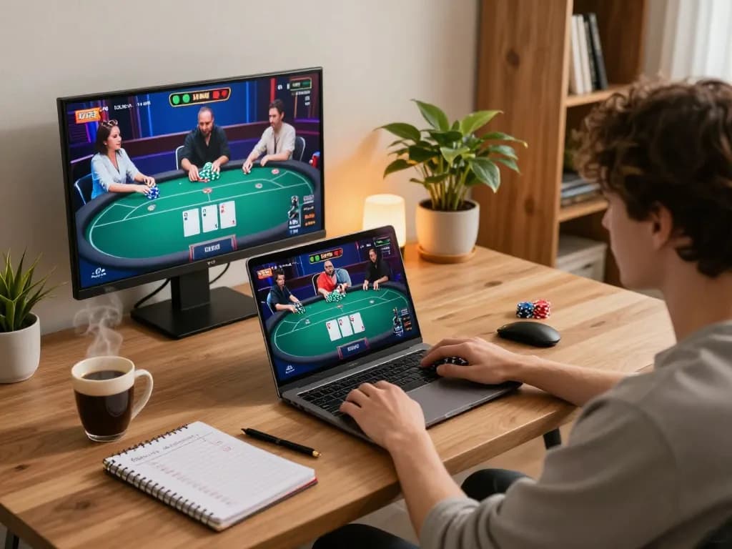 3win player engaged in strategic online poker at home, showcasing immersive gaming setup and focused atmosphere.