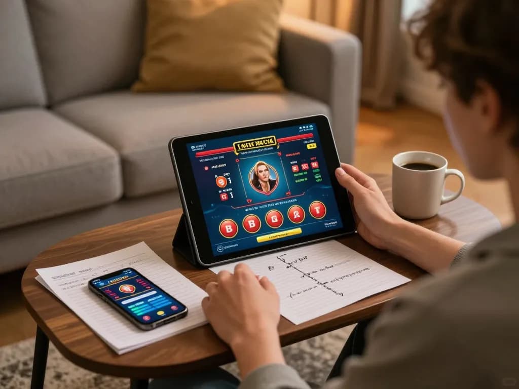 CasinoAtlas user participating in online gaming with tablet and notes in comfortable setting.