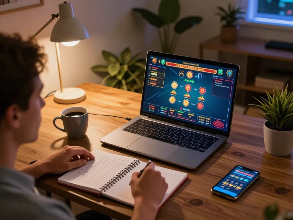 Engaged player using ATQ online casino platform at home with laptop and betting strategies