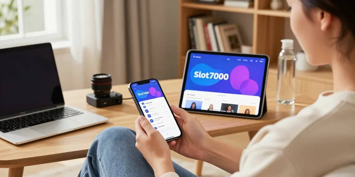 Explore the Slot7000 app on a smartphone and tablet showcasing modern design in a cozy living room.