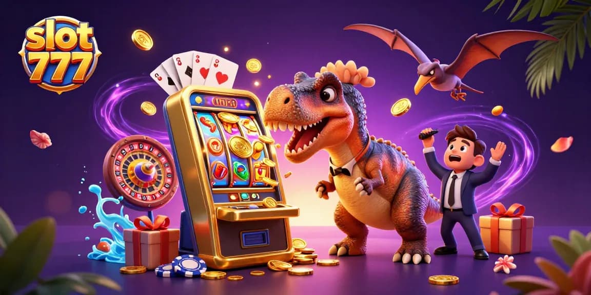Slot 777 menghasilkan koin jackpot saat dinosaur pachycephalosaurus memukul mesin slot emas.