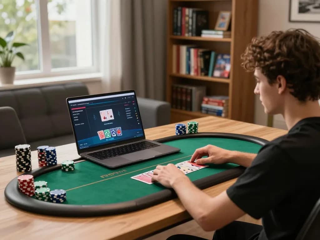 Engaged player analyzing strategies at home showing Nhà cái uy tín during online poker session