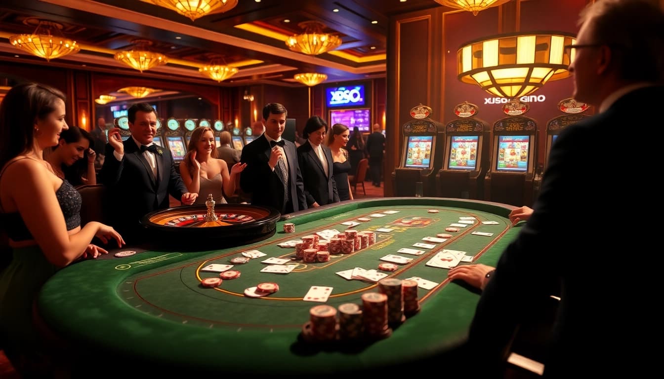 xoso66 gamers enjoying an upscale casino atmosphere with poker and slot games.
