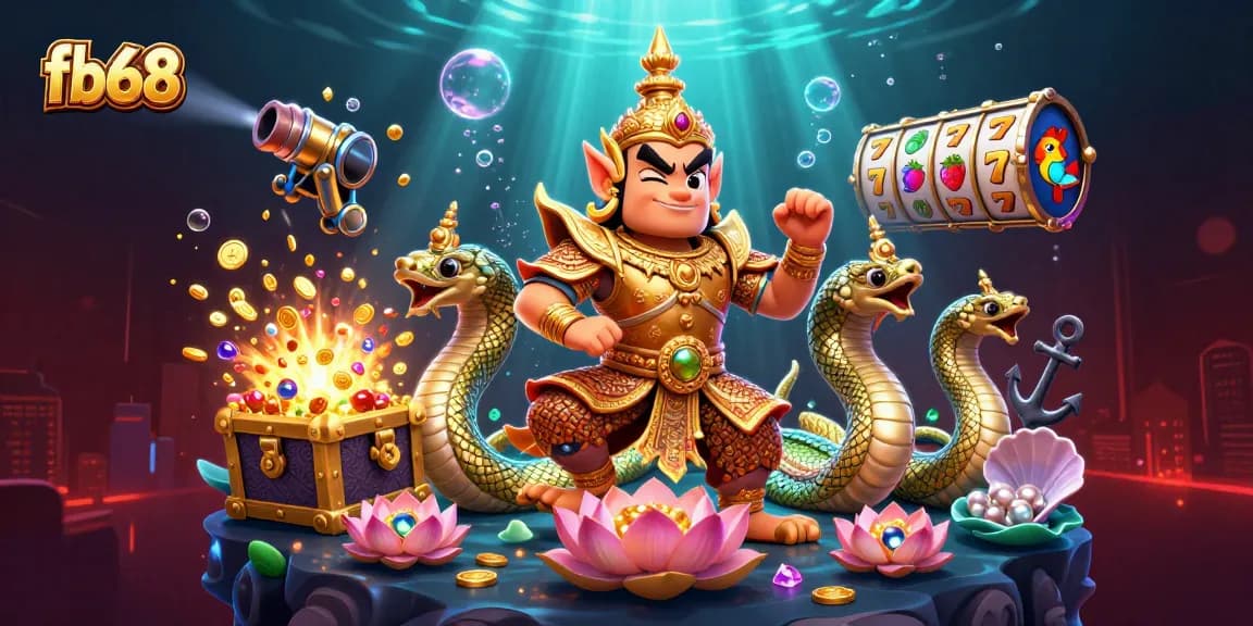 Play exciting casino games with fb68's vibrant illustration of a Thai temple guardian and gold treasures.