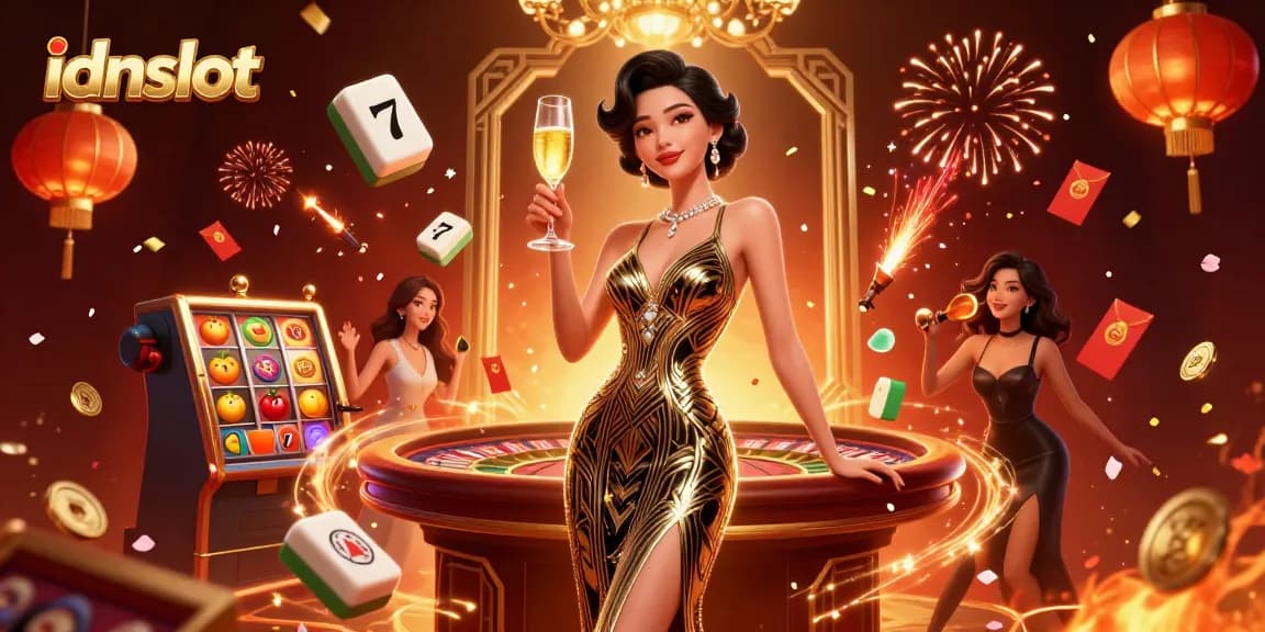 Experience the allure of idnslot with a glamorous scene featuring a stylish woman, slot reels, and celebratory elements.