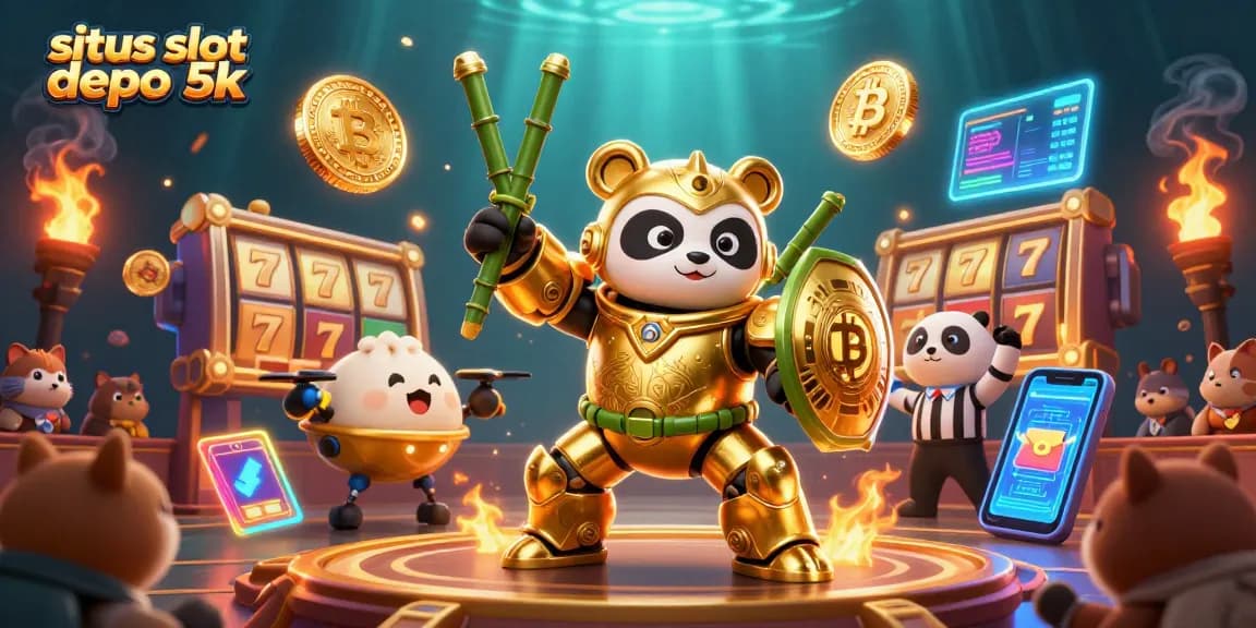 Experience thrilling spins on situs slot depo 5k with 3D golden panda battling in a lively casino!