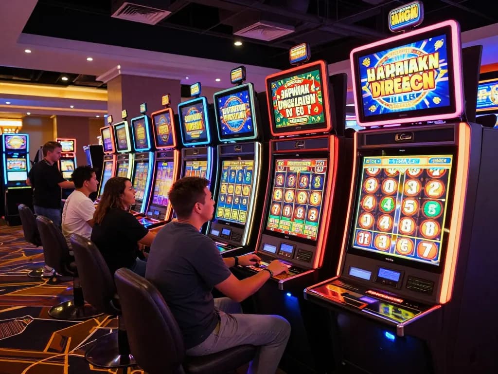 Celebrating a jackpot win on linked slot machines in a vibrant casino setting