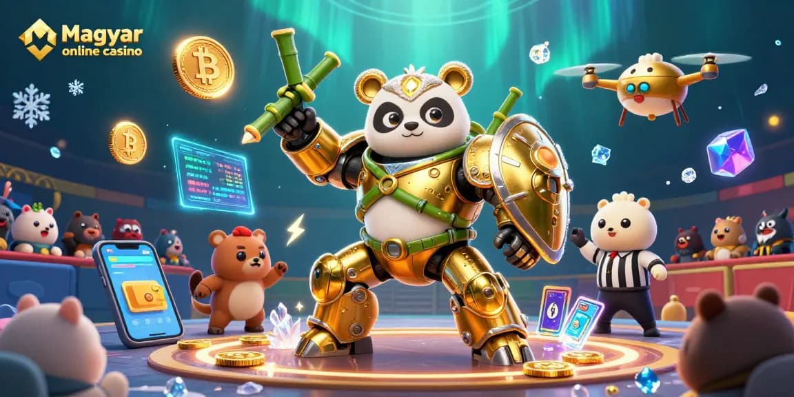 Magyar online casino játékok kipróbálása izgalmas 3D jelenetben decorációkkal és arany érmékkel.
